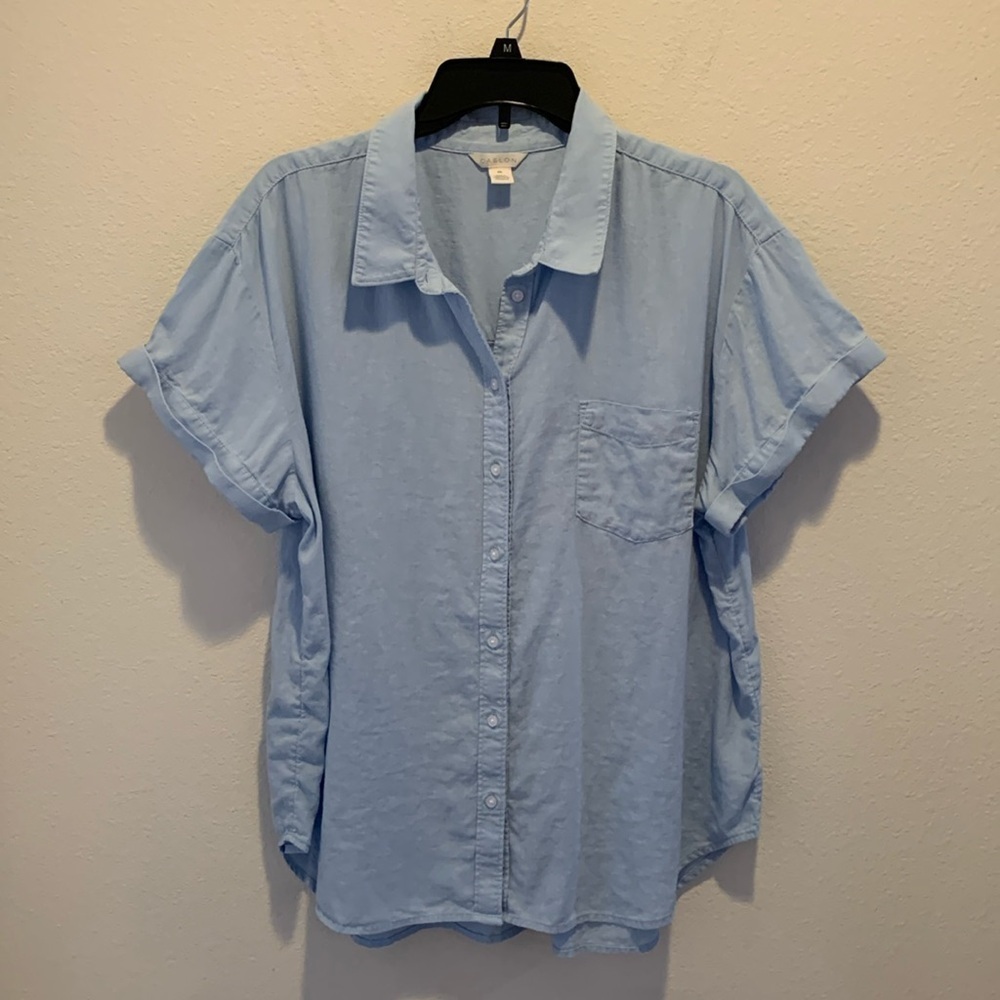 Caslon Womens Linen Blend Camp Shirt in XXL. Light Blue.